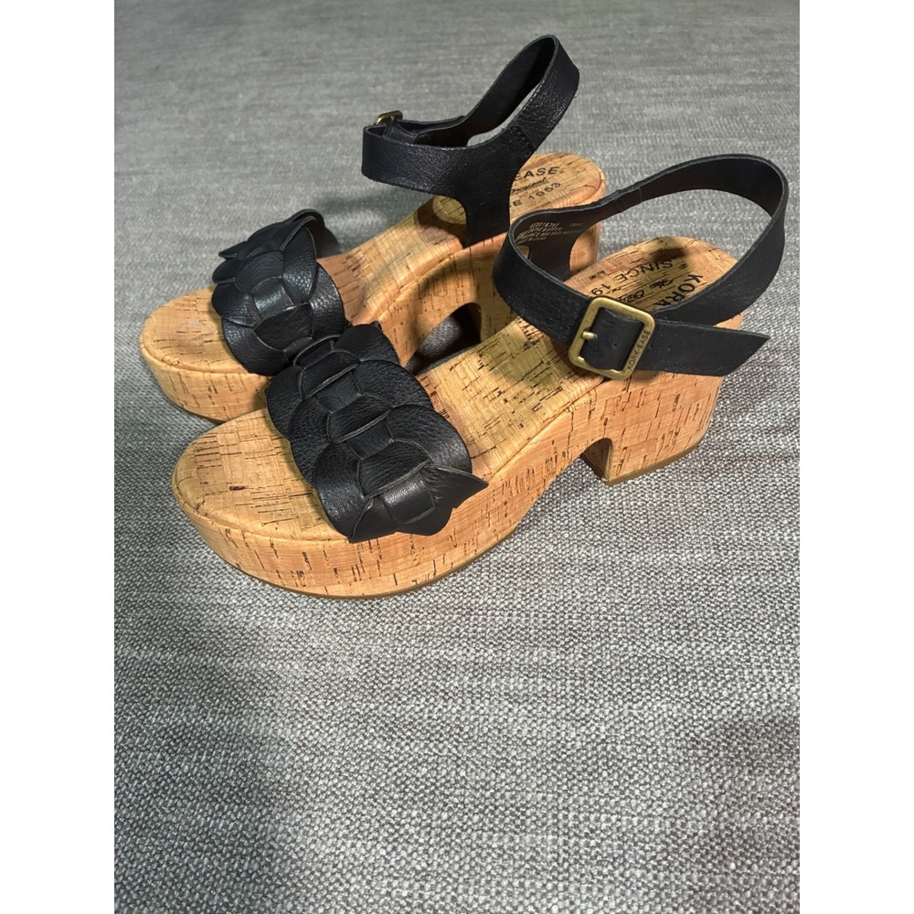 Kork-Ease Black Leather Braided Platform Sandals Cork Block Heel KE0016703 6M